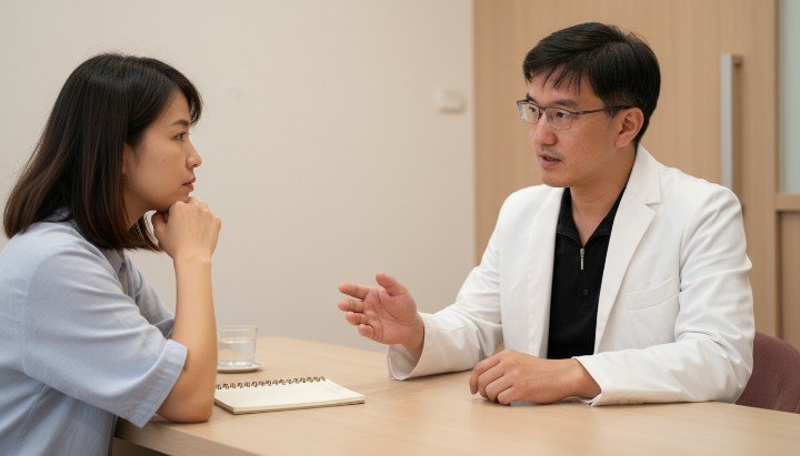 診間醫師說明代謝失調與睡眠與肥胖 示意圖顯示荷爾蒙失調與睡眠與肥胖 舒適臥室環境有助於緩解睡眠與肥胖