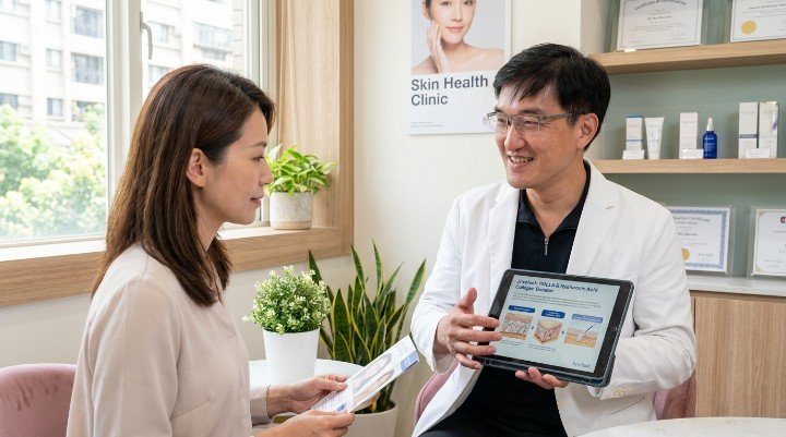 吳紹琥醫師在診間說明新童妍的膠原增生原理 近距離拍攝新童妍PDLLA微粒對抗肌膚衰老 使用新童妍進行全臉拉提與淚溝填補的療程