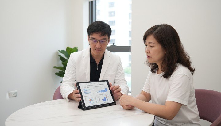 醫師正與患者進行營養基因檢測專業報告解析 含有豐富抗氧化植化素的彩虹餐盤營養基因檢測 了解先天抗氧化能力弱勢進行精準營養基因檢測 醫師根據營養基因檢測數據規劃個人化飲食清單