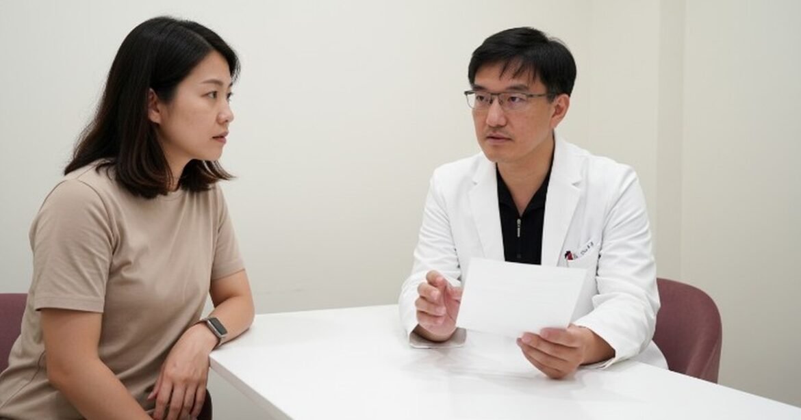 吳芮醫師在診所內仔細解析身體年齡與遺傳因素的關係，燈光柔和，專注的神情。