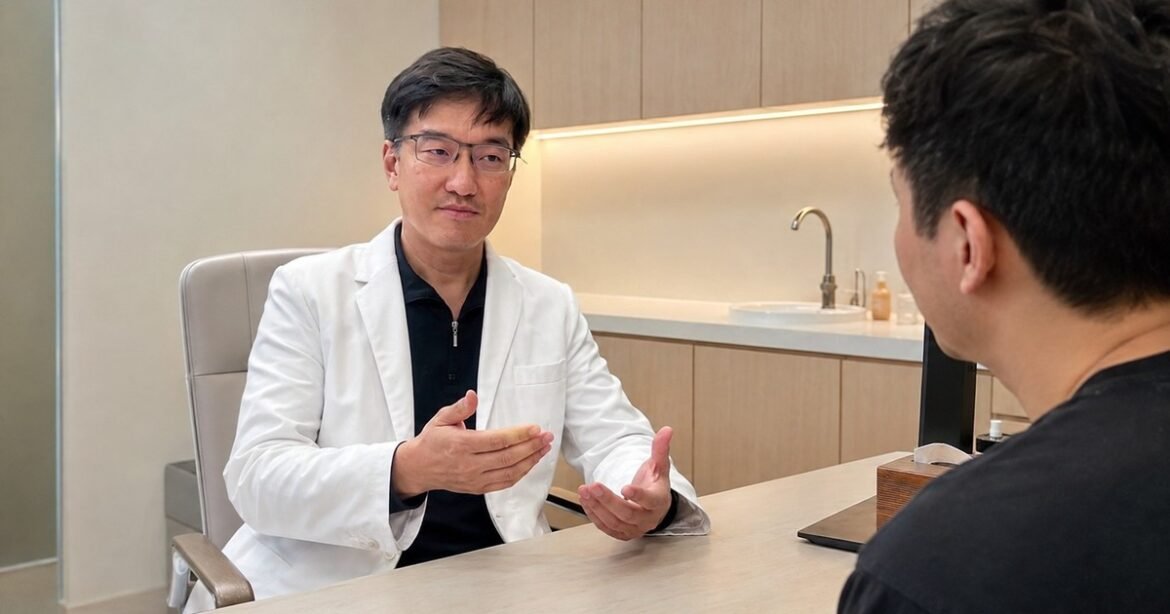 吳芮醫師與患者討論柔滴和魔滴假體的優缺點，並強調醫師手術技巧的重要性。