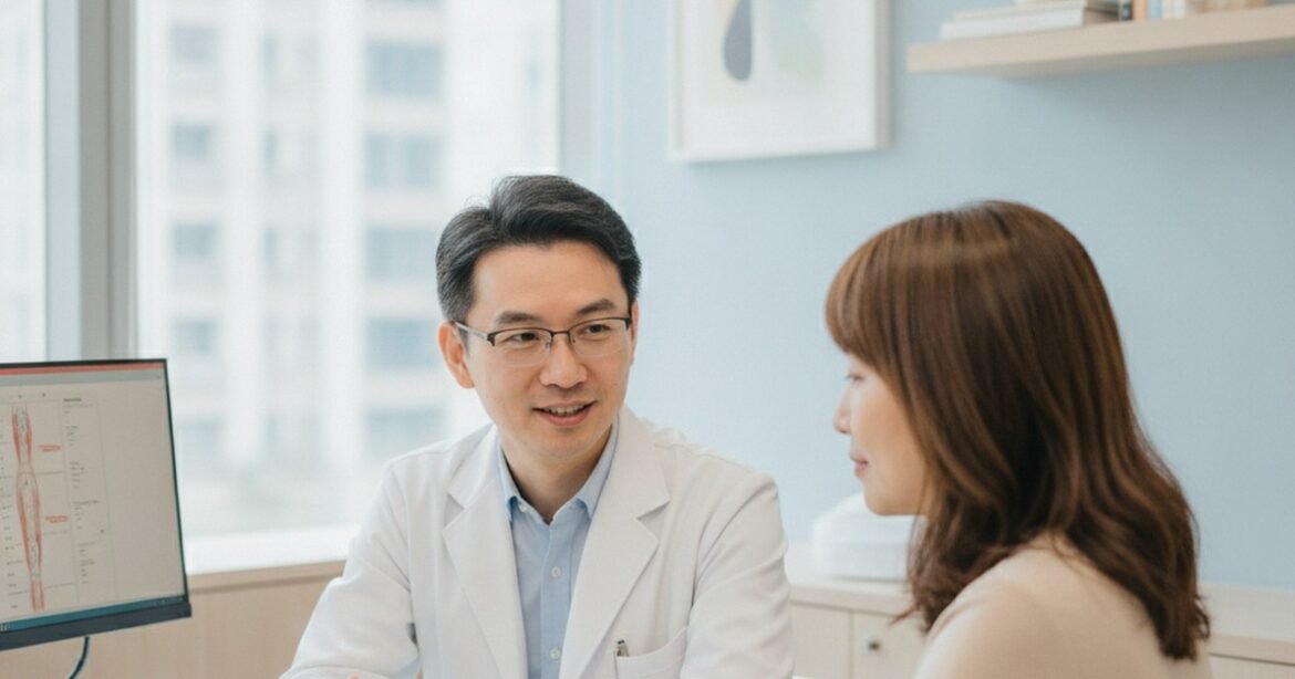 吳芮醫師仔細說明玻尿酸原理，桌上有教學模型與針劑。